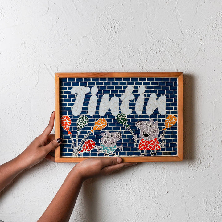 Handcrafted Mosaic Personalized Name Plate with Wooden Frame | Peppa Pig - Zwende
