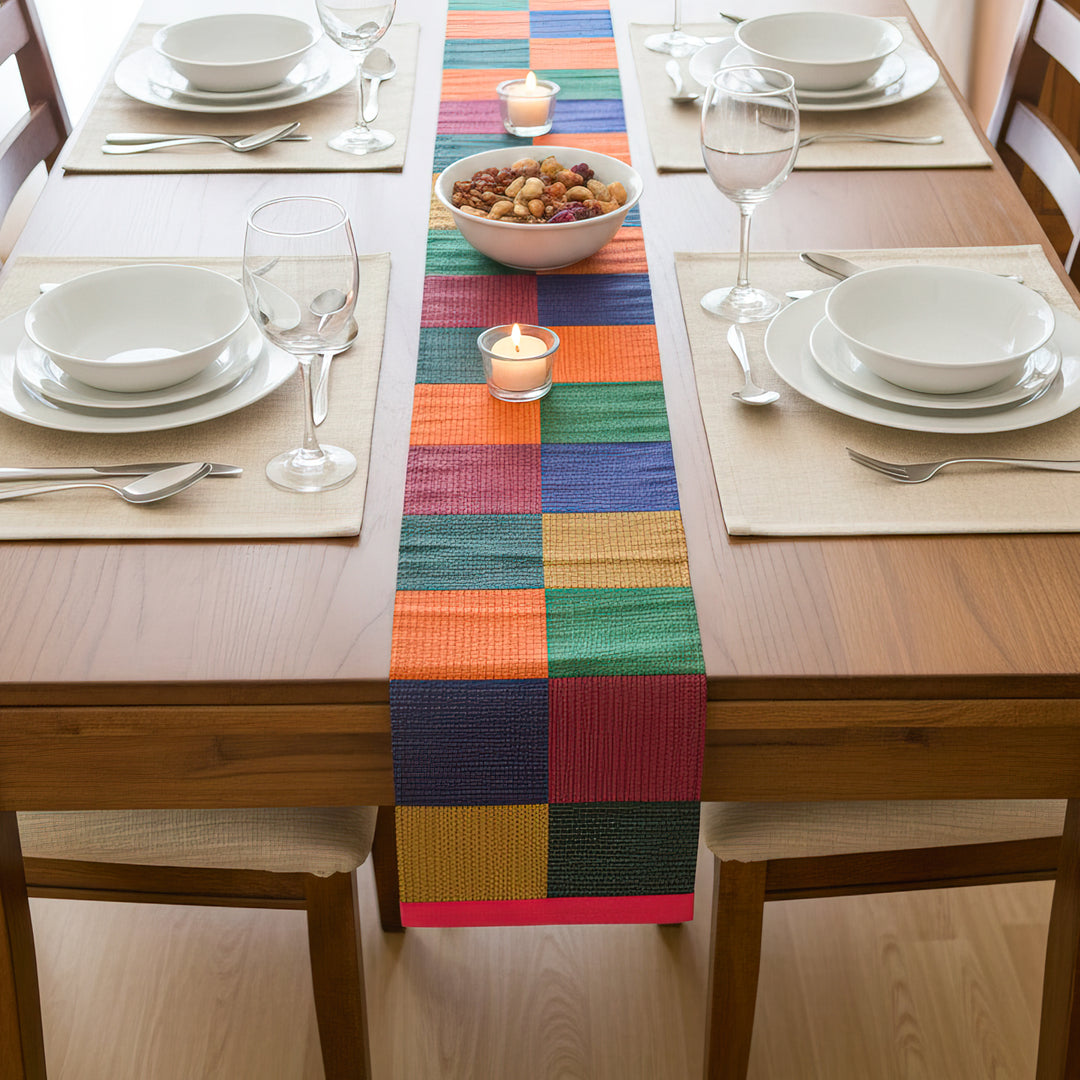 Handmade Colorful Geometry Design Khunn Fabric Cotton Table Runner | 12 x 60 Inch