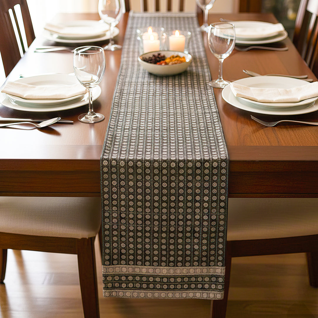 Handmade Black Circular Floral Patterns Khunn Fabric Cotton Table Runner | 12 x 60 Inch