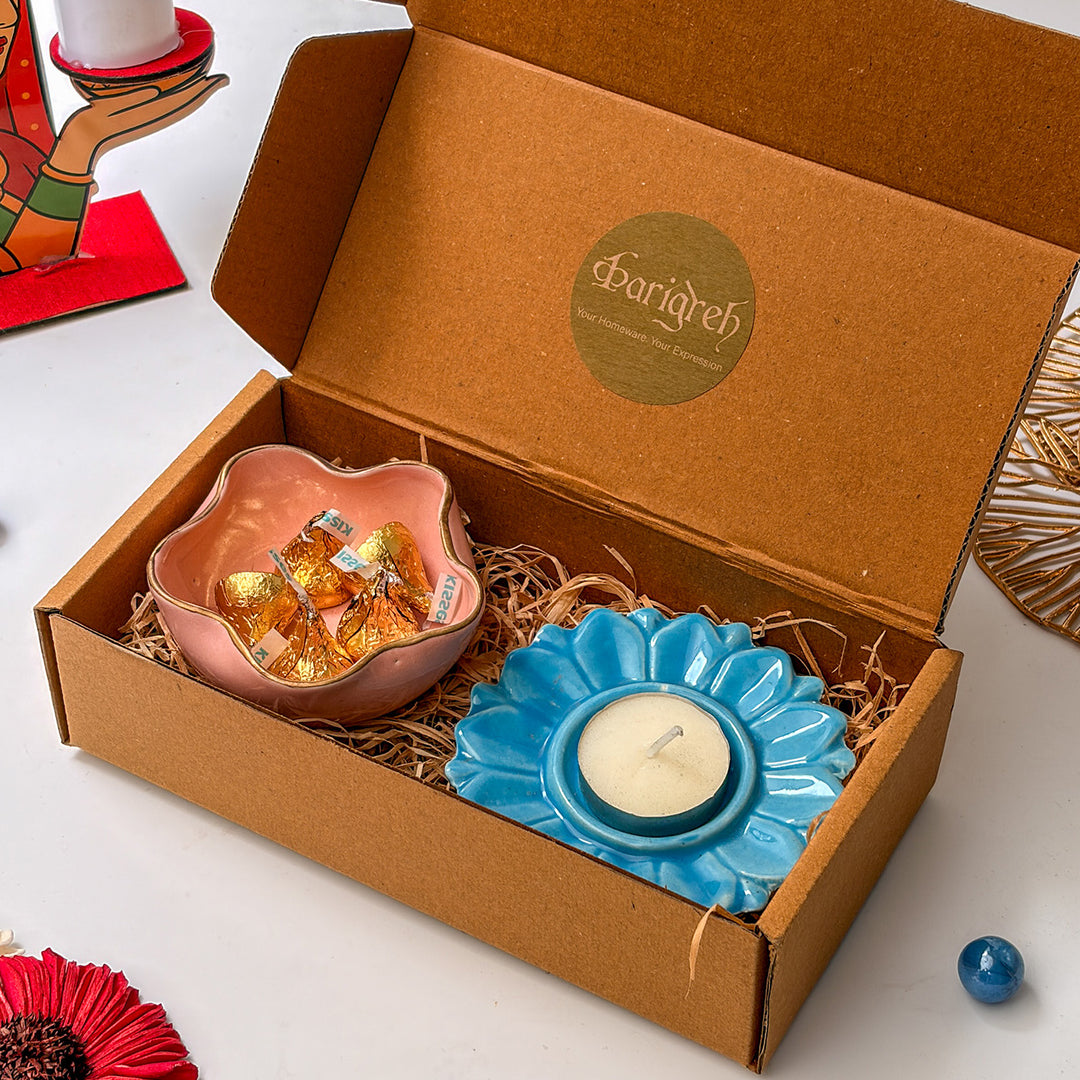 Handcrafted Ceramic Utsav Sparkle Diwali Gift Hamper With Tealight Holder, Trinket Bowl And Chocolates