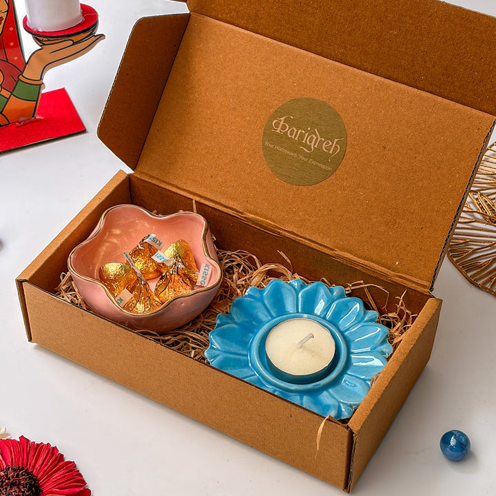 Handcrafted Ceramic Utsav Sparkle Diwali Gift Hamper With Tealight Holder, Trinket Bowl And Chocolates