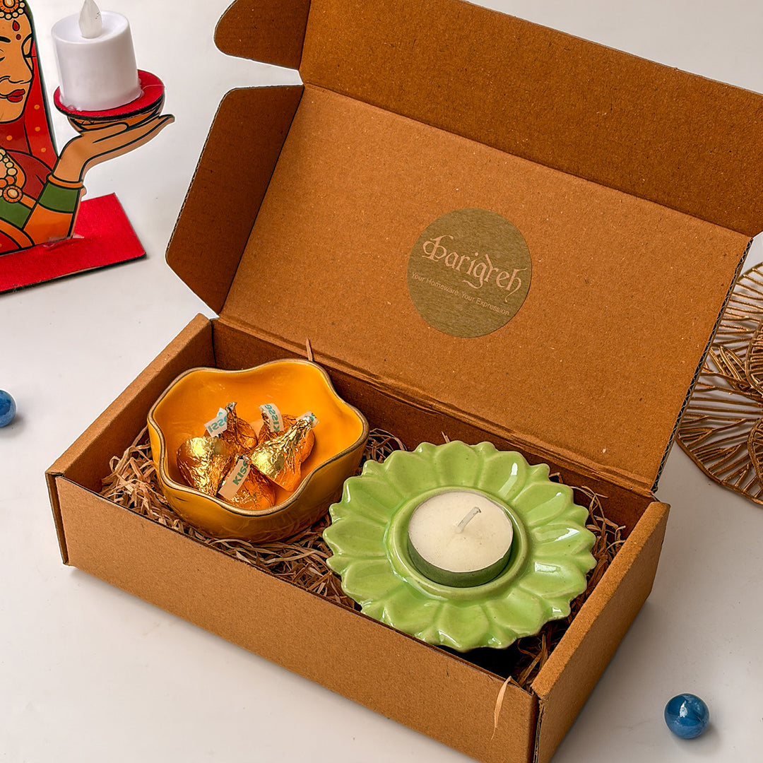 Handcrafted Ceramic Utsav Sparkle Diwali Gift Hamper With Tealight Holder, Trinket Bowl And Chocolates