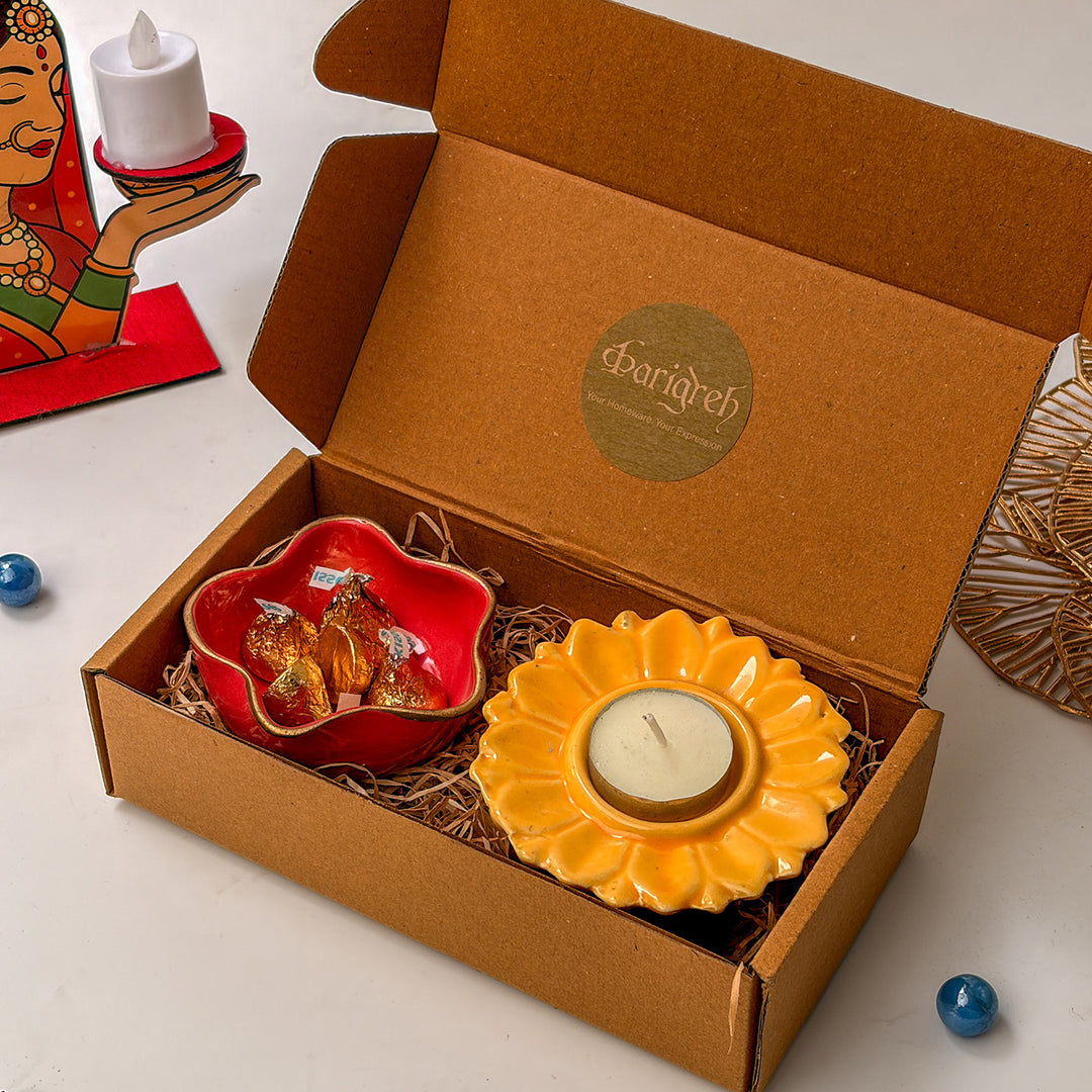 Handcrafted Ceramic Utsav Sparkle Diwali Gift Hamper With Tealight Holder, Trinket Bowl And Chocolates