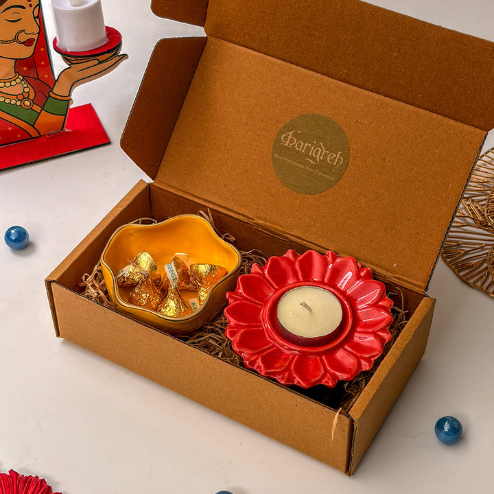 Handcrafted Ceramic Utsav Sparkle Diwali Gift Hamper With Tealight Holder, Trinket Bowl And Chocolates