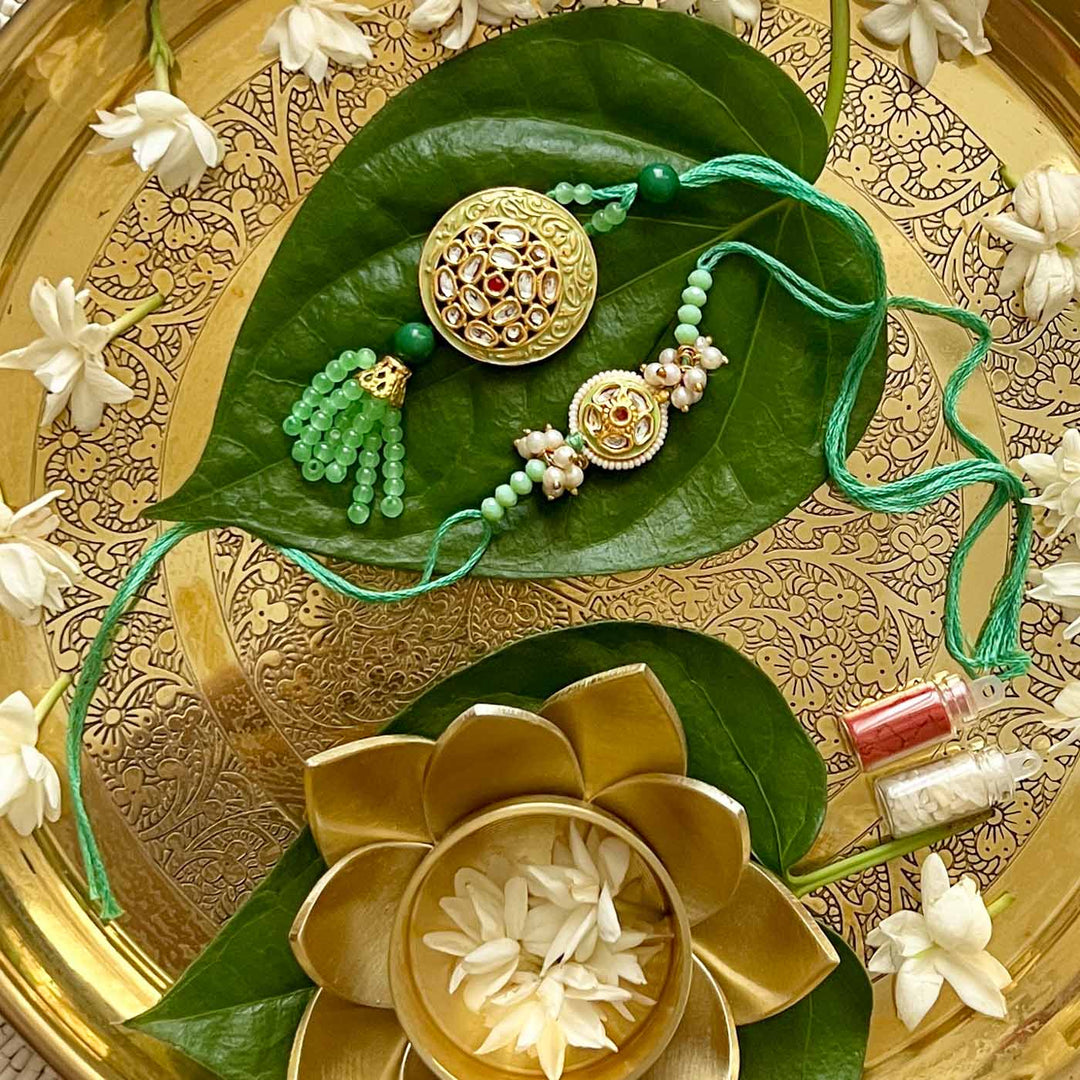 Handcrafted Kundan "Utsav" Couple Rakhi & Lumba Set With Roli Chawal for Bhaiya Bhabhi