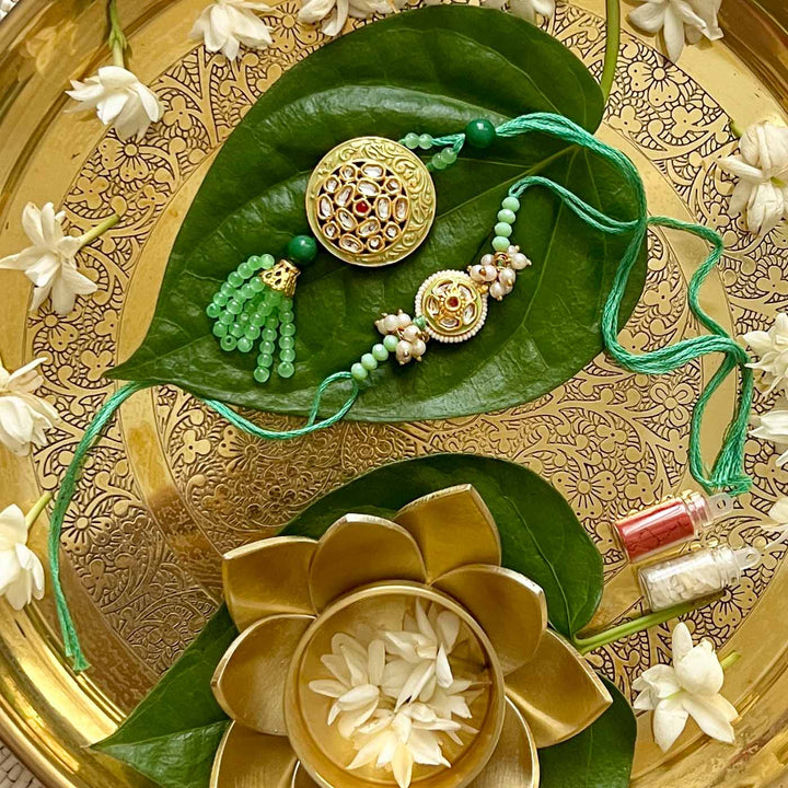 Handcrafted Kundan "Utsav" Couple Rakhi & Lumba Set With Roli Chawal for Bhaiya Bhabhi