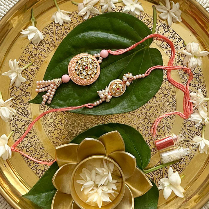 Handcrafted Kundan "Utsav" Couple Rakhi & Lumba Set With Roli Chawal for Bhaiya Bhabhi