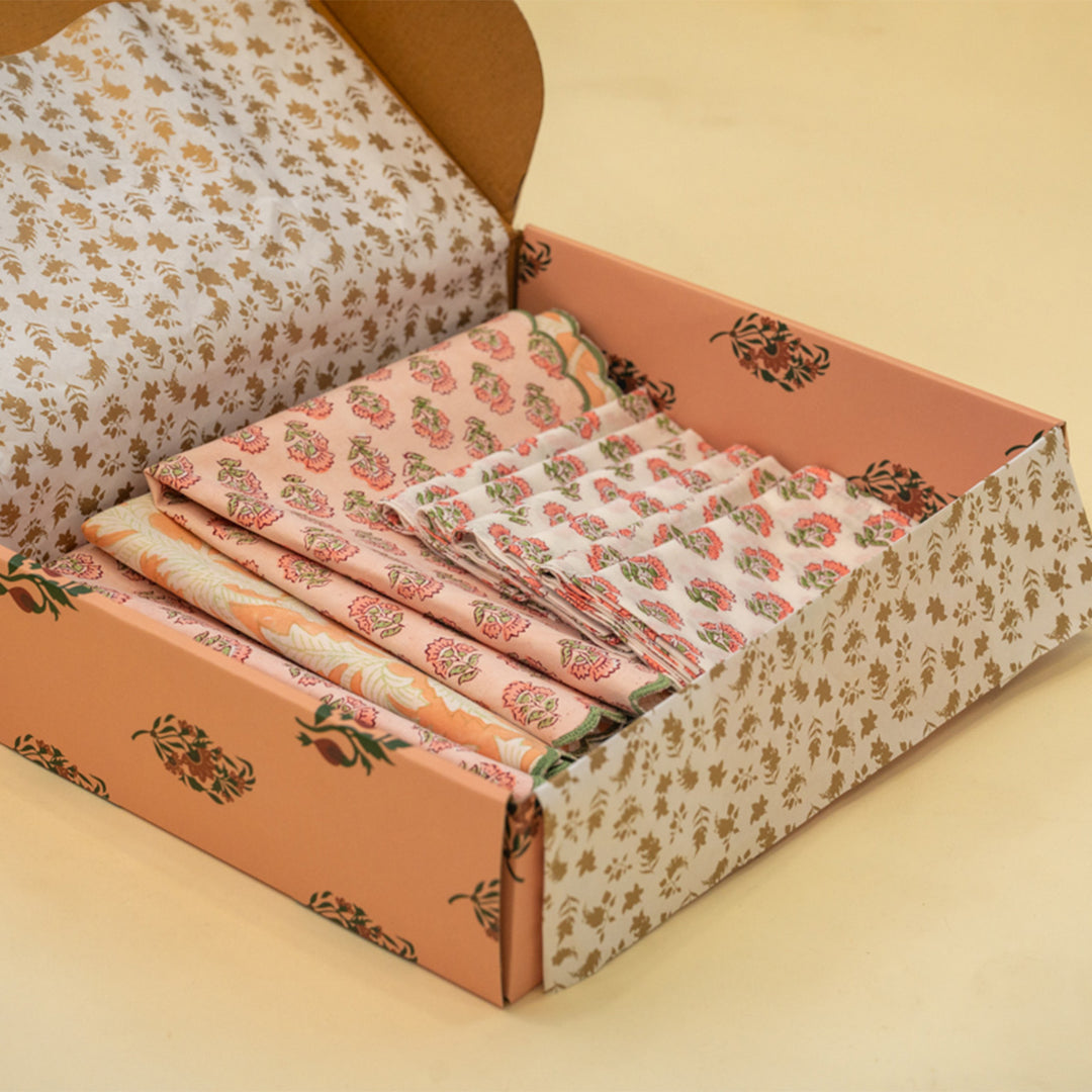 6 Pc | Peach Scalloped Reversible Hand Block Printed Dining Table Mat Set