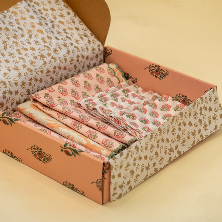 6 Pc | Peach Scalloped Reversible Hand Block Printed Dining Table Mat Set