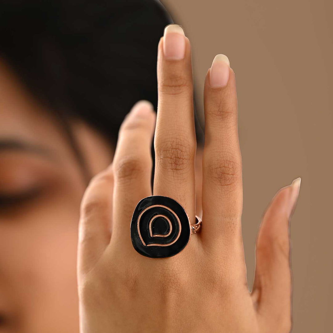 Hand Crafted Black Copper Enamel Vartul Ring - Main Image