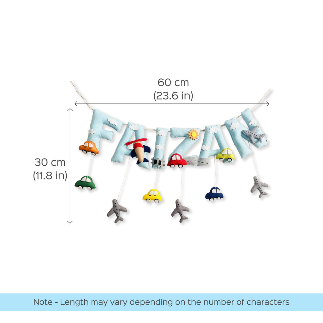Handcrafted Personalized Cars Theme Bunting For Kids - Dimension Chart with Hanging Toys