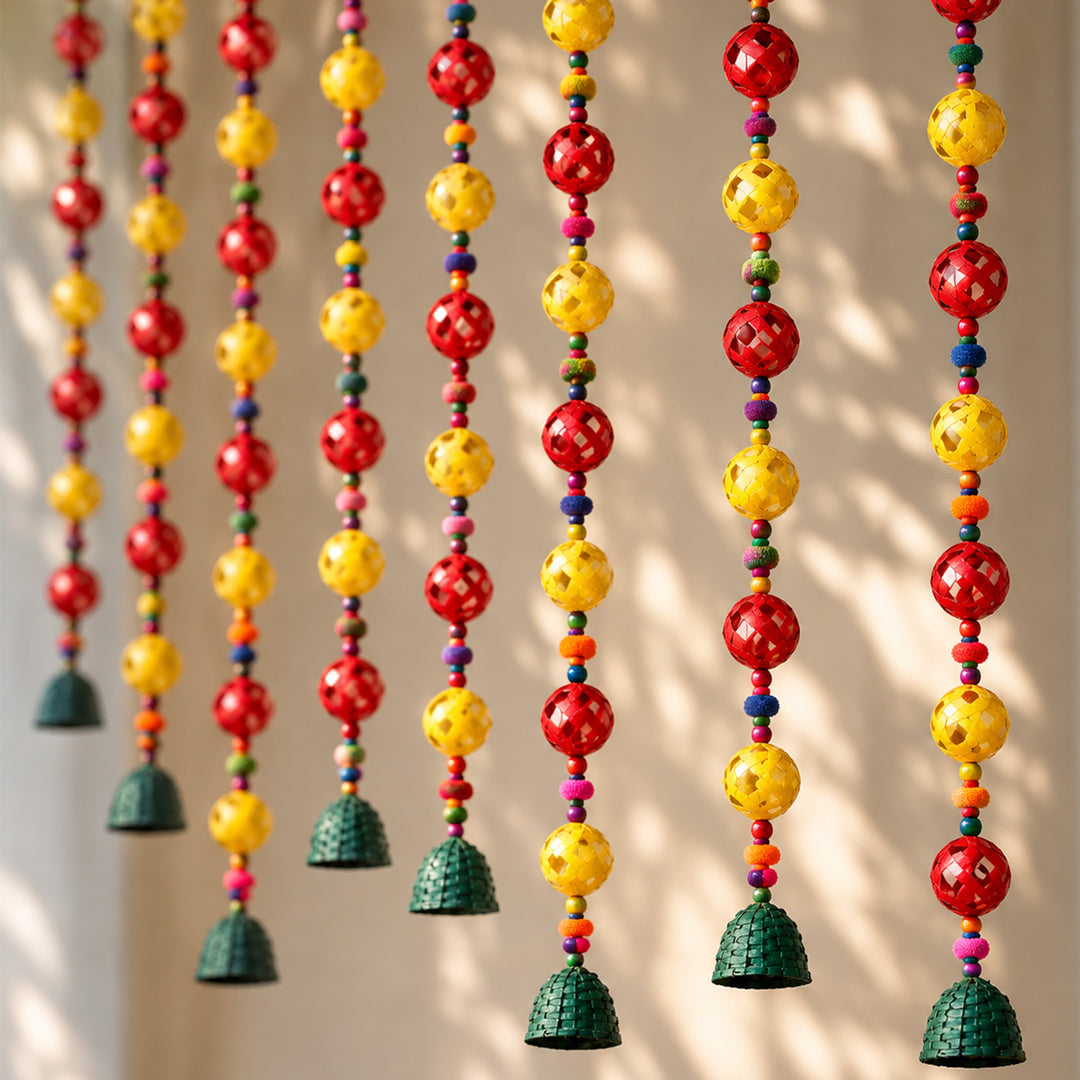 2 Pc | Handmade Woven Ball Design Bamboo Hanging With Wooden Beads & Pom Poms