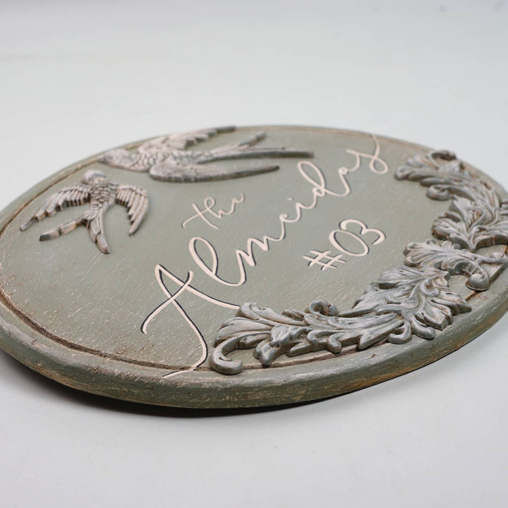 Handpainted Baroque Wood Resin Personalized Name Plate 3 - Angled Close-up Showing Texture