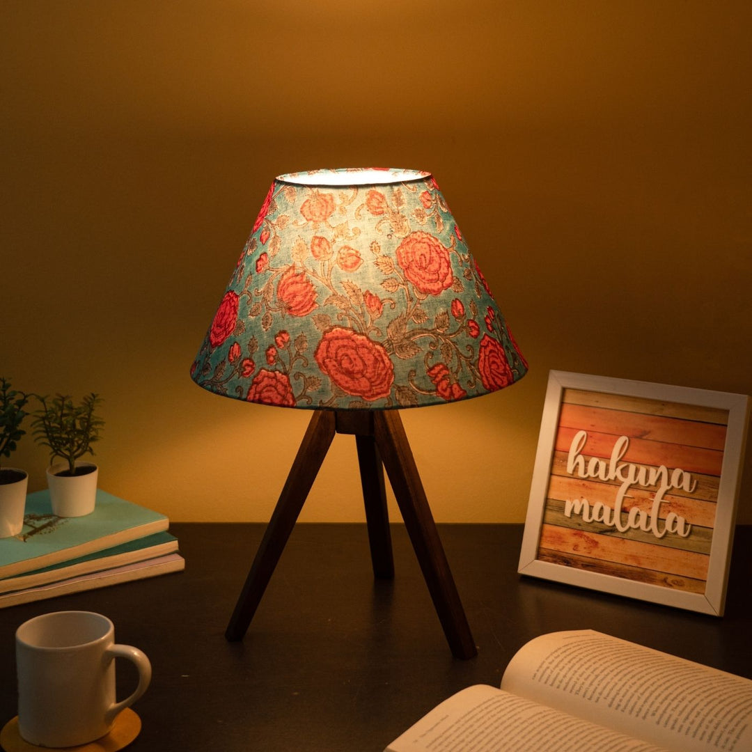 Wooden Tripod Lamp With Block Printed Fabric Shade