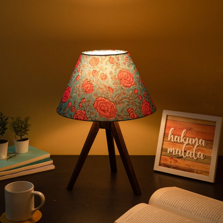 Wooden Tripod Lamp With Block Printed Fabric Shade - Zwende