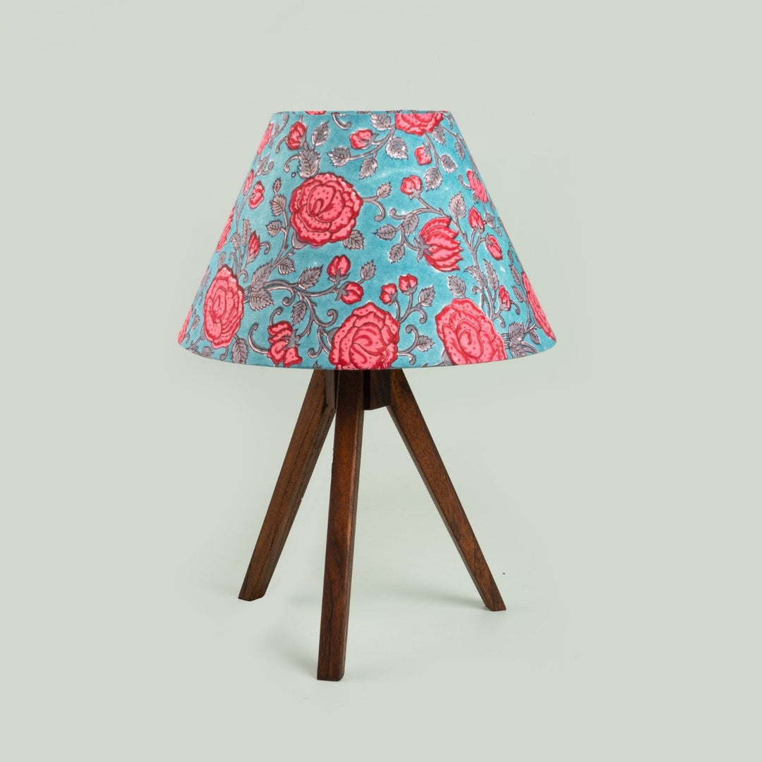 Wooden Tripod Lamp With Block Printed Fabric Shade - Zwende