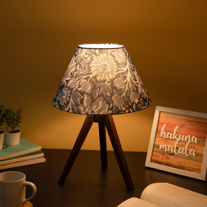 Wooden Tripod Lamp With Printed Fabric Shade