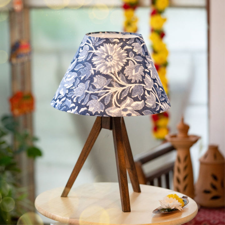 Wooden Tripod Lamp With Printed Fabric Shade