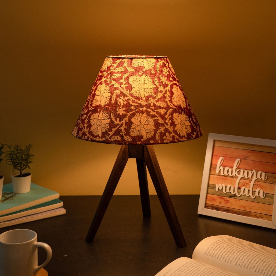 Wooden Tripod Lamp With Printed Fabric Shade