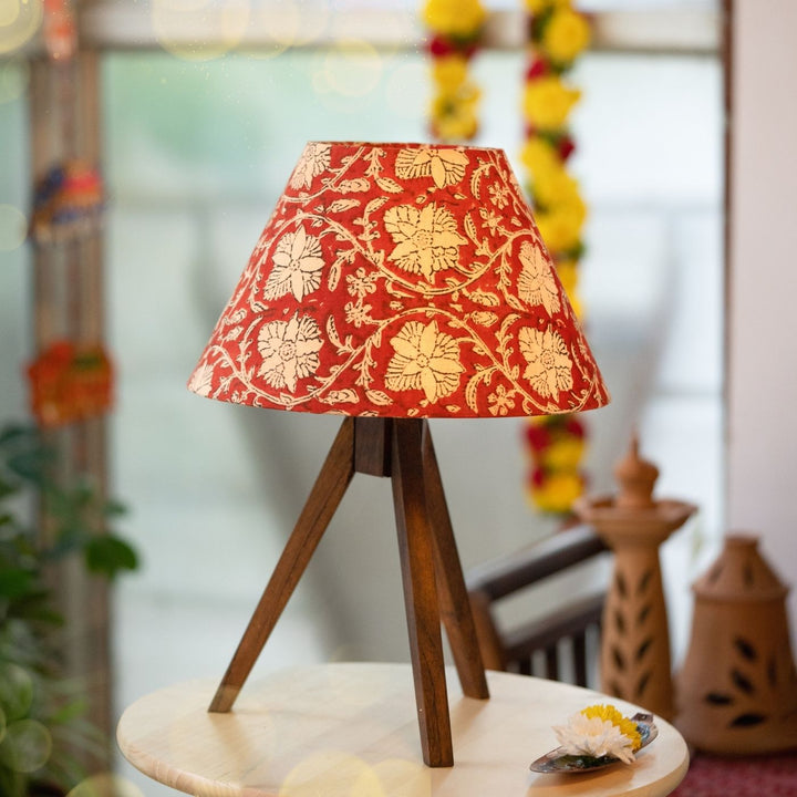 Wooden Tripod Lamp With Block Printed Fabric Shade - Zwende