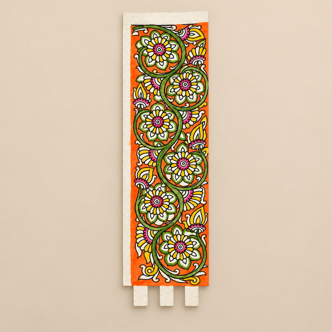 Hand-Painted Tholu Bloom Orange Parchment Leather Votive Tealight Holder With Channapatna Base