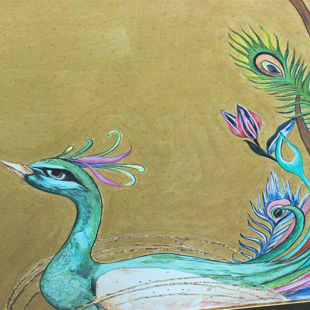 36 x 24 Inch | Golden Peacock | Framed Hand Painted Wall Painting