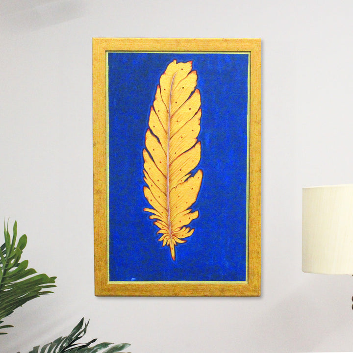 18 x 12 Inch | Golden Feather | Framed Hand Painted Wall Painting