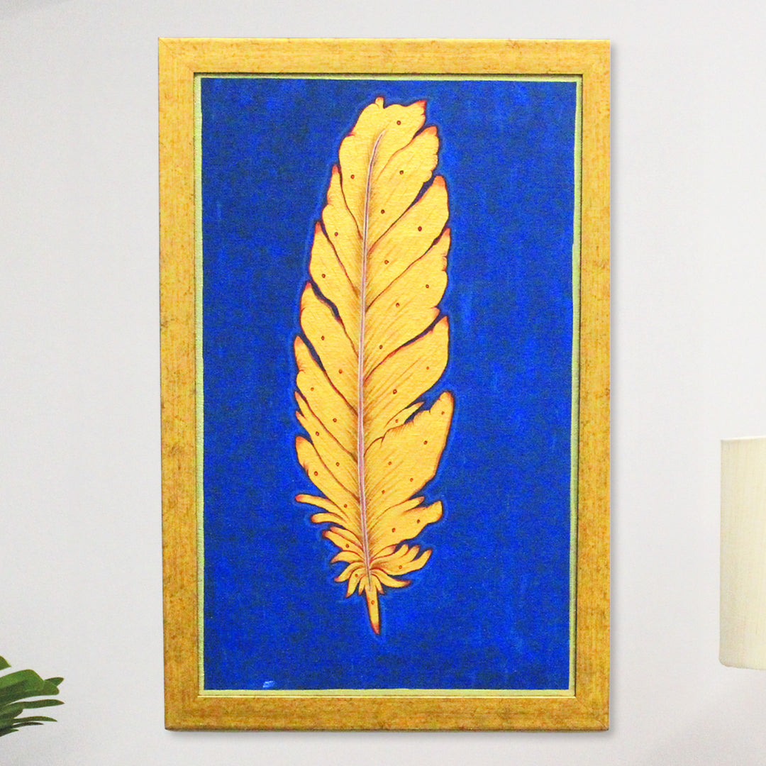 18 x 12 Inch | Golden Feather | Framed Hand Painted Wall Painting