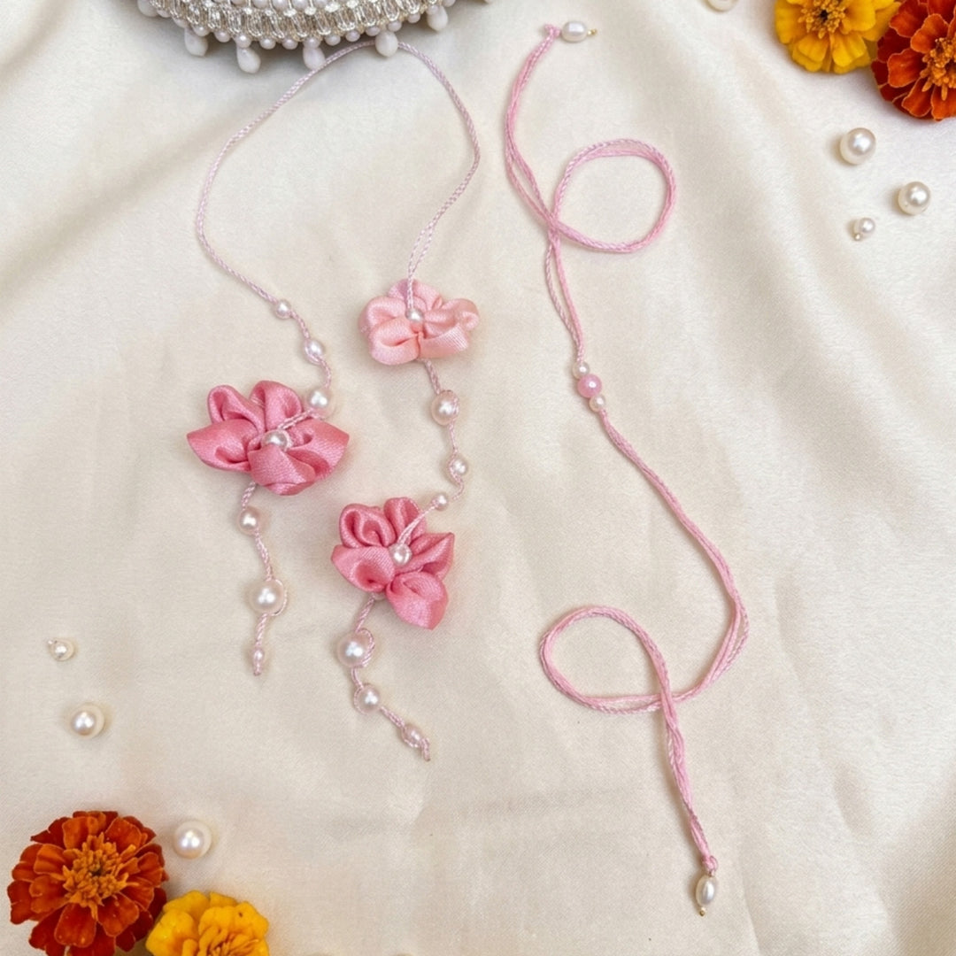 Handmade Madhu Mohini Flower Pearl Couple Rakhi Lumba Set With Roli Chawal For Bhaiya Bhabhi