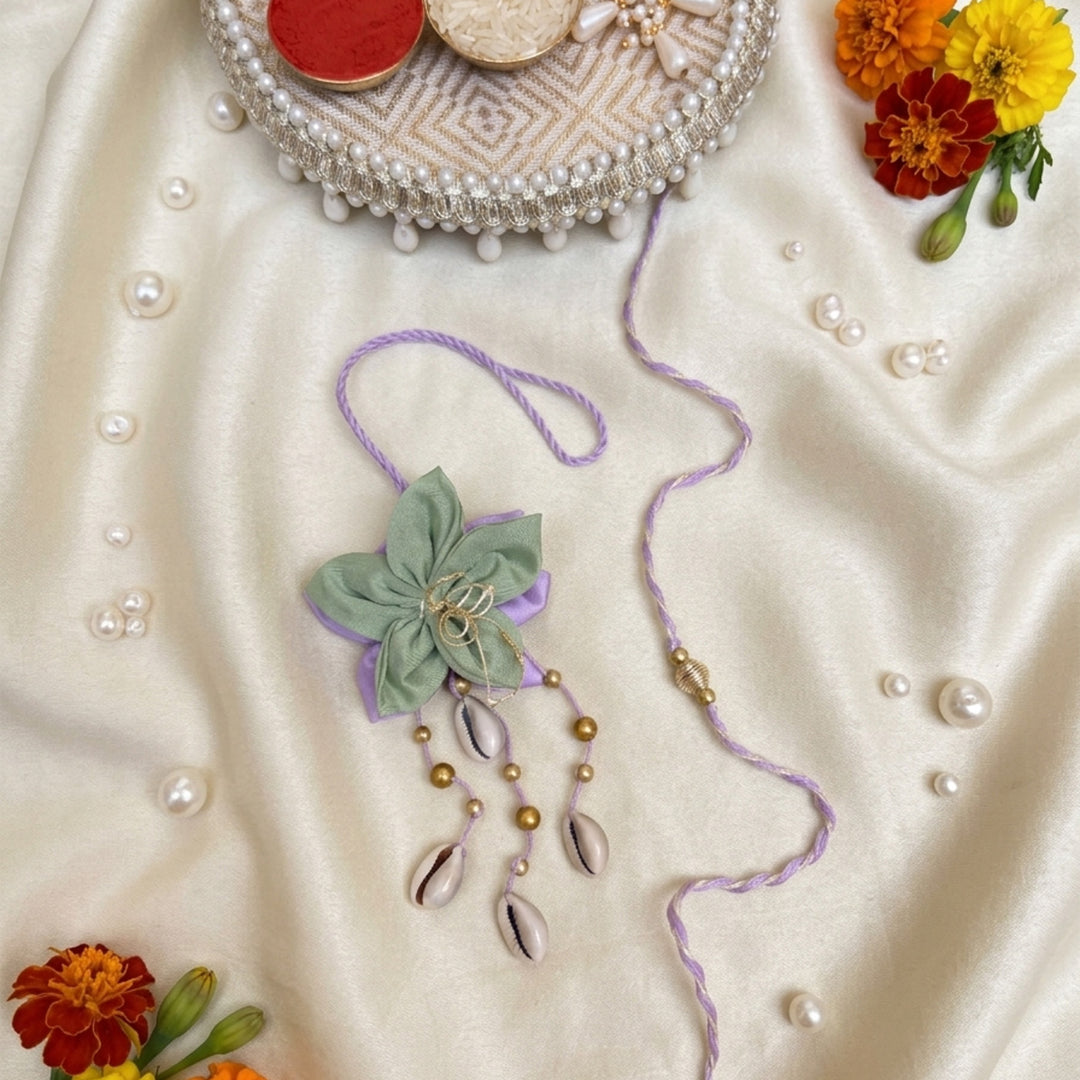 Handmade Shankh Latkan Design Couple Rakhi Lumba Set With Roli Chawal For Bhaiya Bhabhi