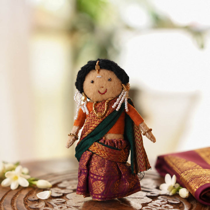 "Nandini" Handmade Felt & Fabric Golu Doll In Half Saree With Gajra For Festive Decor