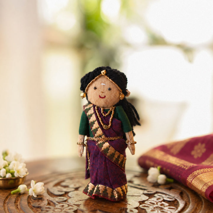 "Janaki" Handmade Felt & Fabric Golu Doll In Saree With Gajra For Festive Decor