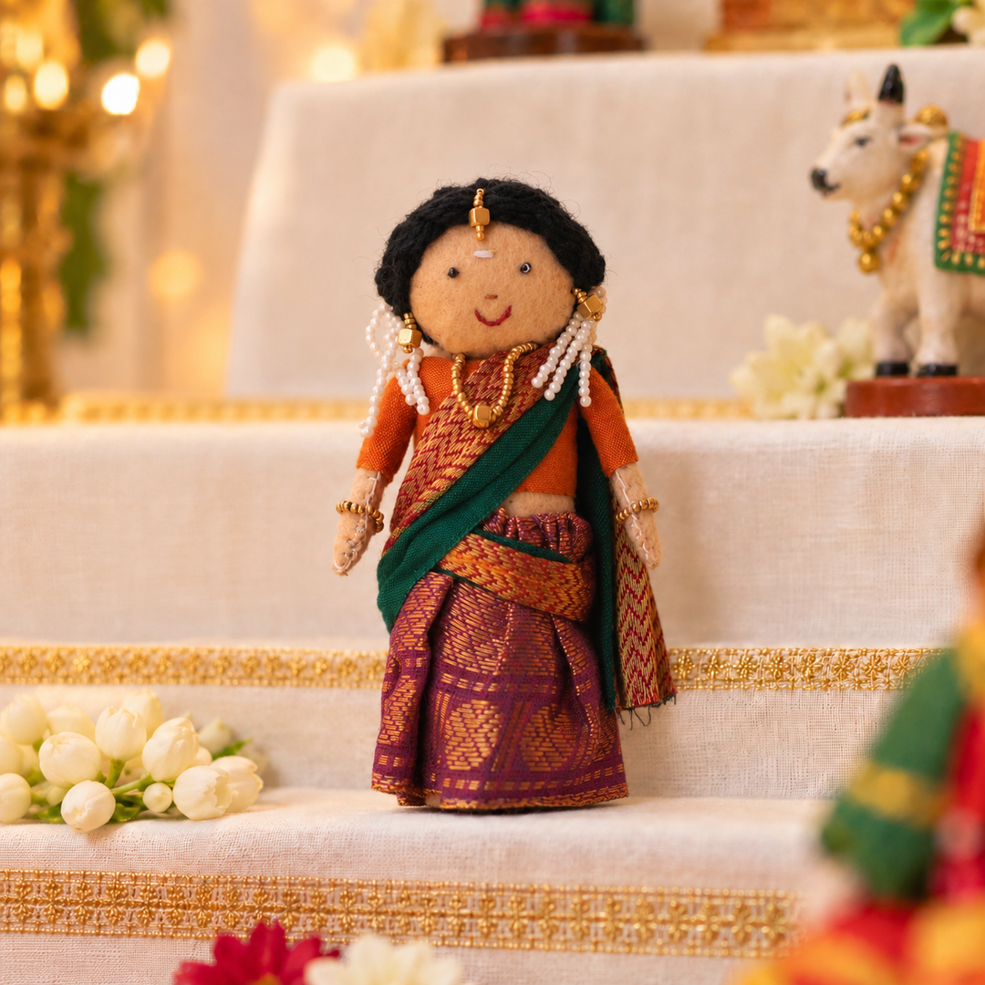 "Nandini" Handmade Felt & Fabric Golu Doll In Half Saree With Gajra For Festive Decor