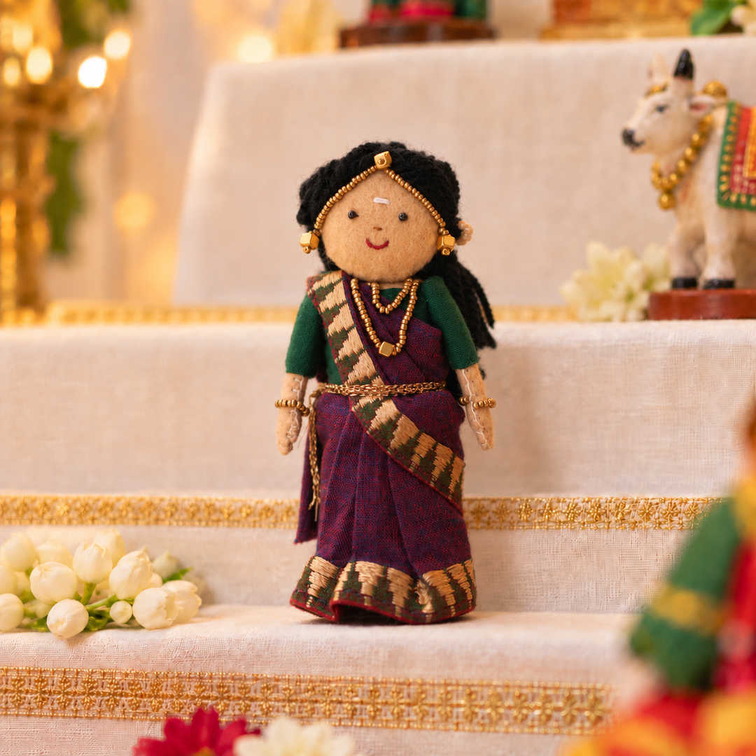 "Janaki" Handmade Felt & Fabric Golu Doll In Saree With Gajra For Festive Decor