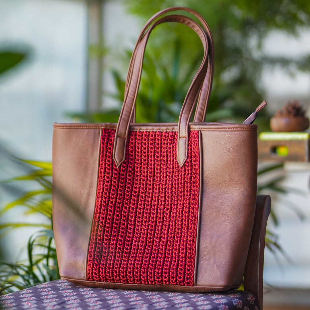 Handcrafted Faux Leather French Russet Straight Cut Tote Bag - Zwende