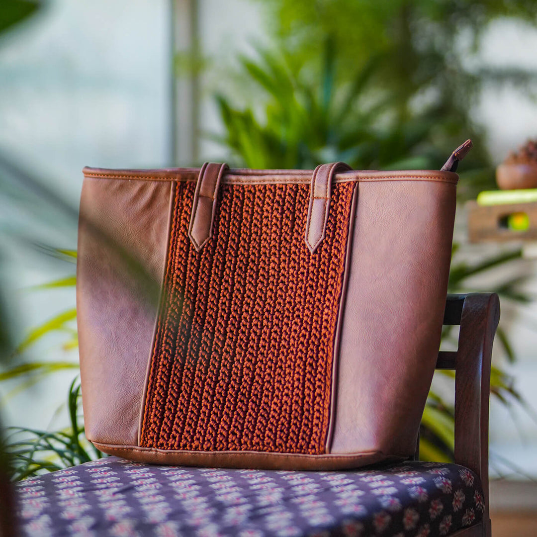 Handcrafted Faux Leather French Russet Straight Cut Tote Bag