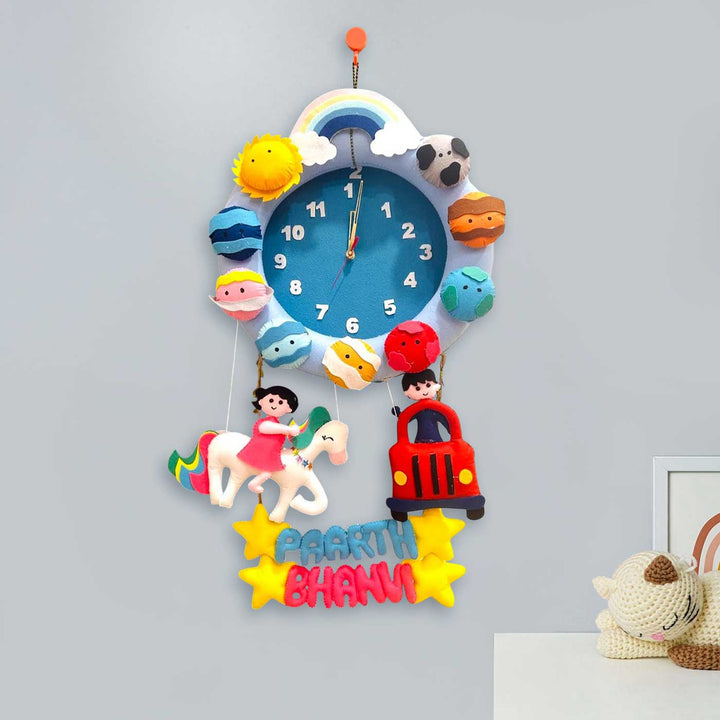 Personalized Clock Theme Felt Kids Name Plate For Siblings