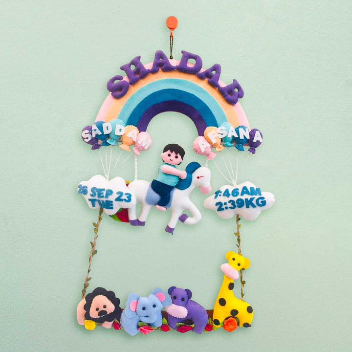 Personalized Rainbow & Jungle Theme Felt Kids Name Plate With Birth Details