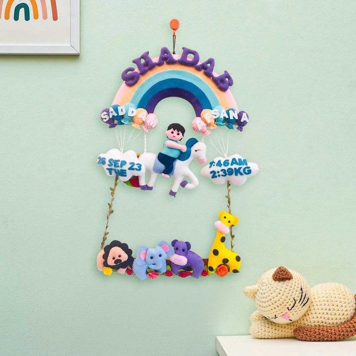 Personalized Rainbow & Jungle Theme Felt Kids Name Plate With Birth Details