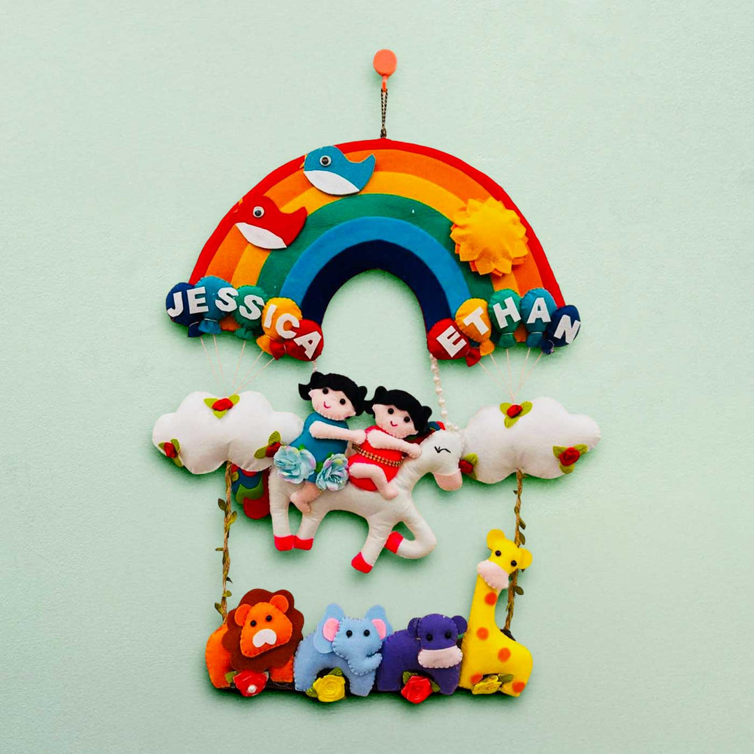 Personalized Birds & Rainbow Theme Felt Kids Name Plate