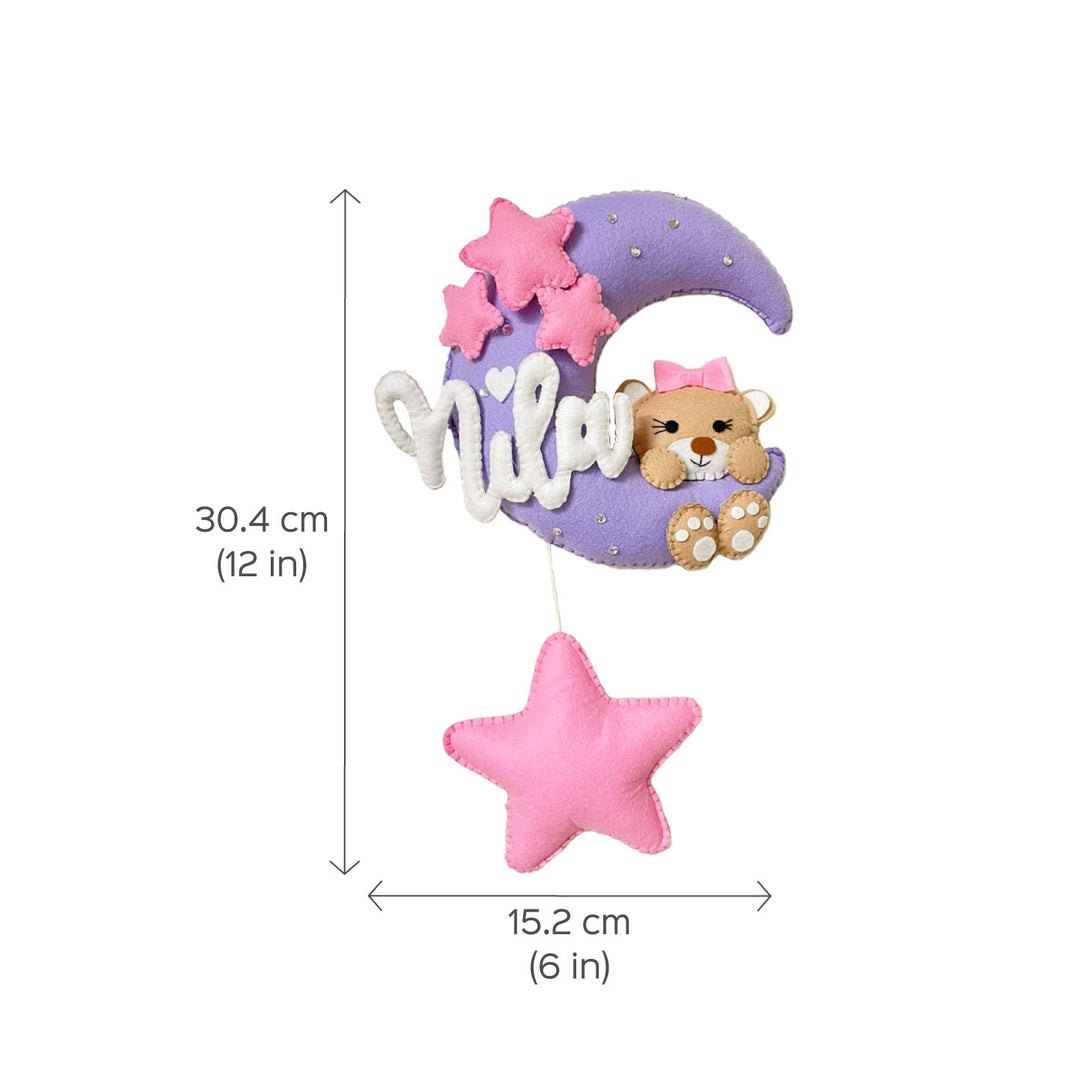 Handmade Teddy On The Moon Kids Felt Name Hanging - Dimension Chart with Name Personalization