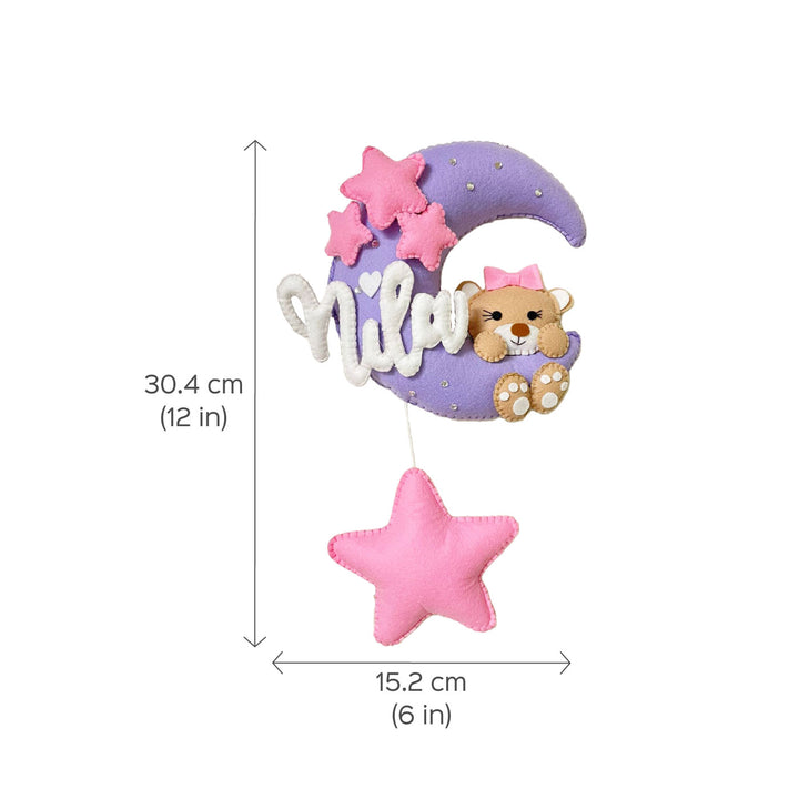 Handmade Teddy On The Moon Kids Felt Name Hanging - Dimension Chart with Name Personalization