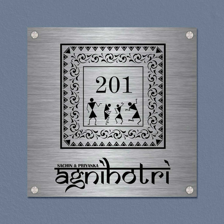 Personalized Warli Art Stainless Steel Name Plate