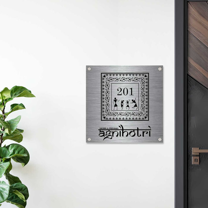 Personalized Warli Art Stainless Steel Name Plate