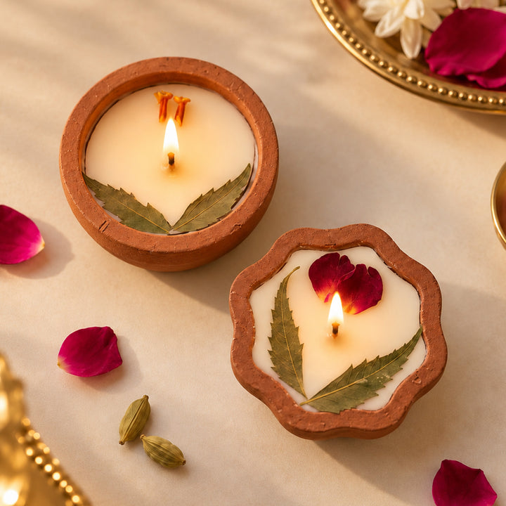 2 pc | Handmade Pressed Flower Terracotta Diya Soy Wax Scented Candle For Festive Decor