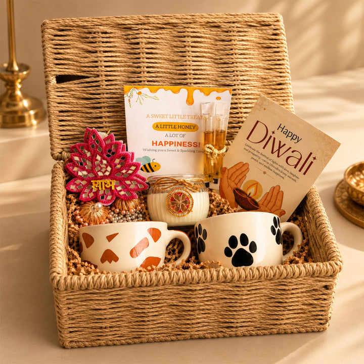 Paws & Panda Diwali Gift Hamper With Dog And Panda Mugs And Matka Soy Wax Candle For Festive Gifting