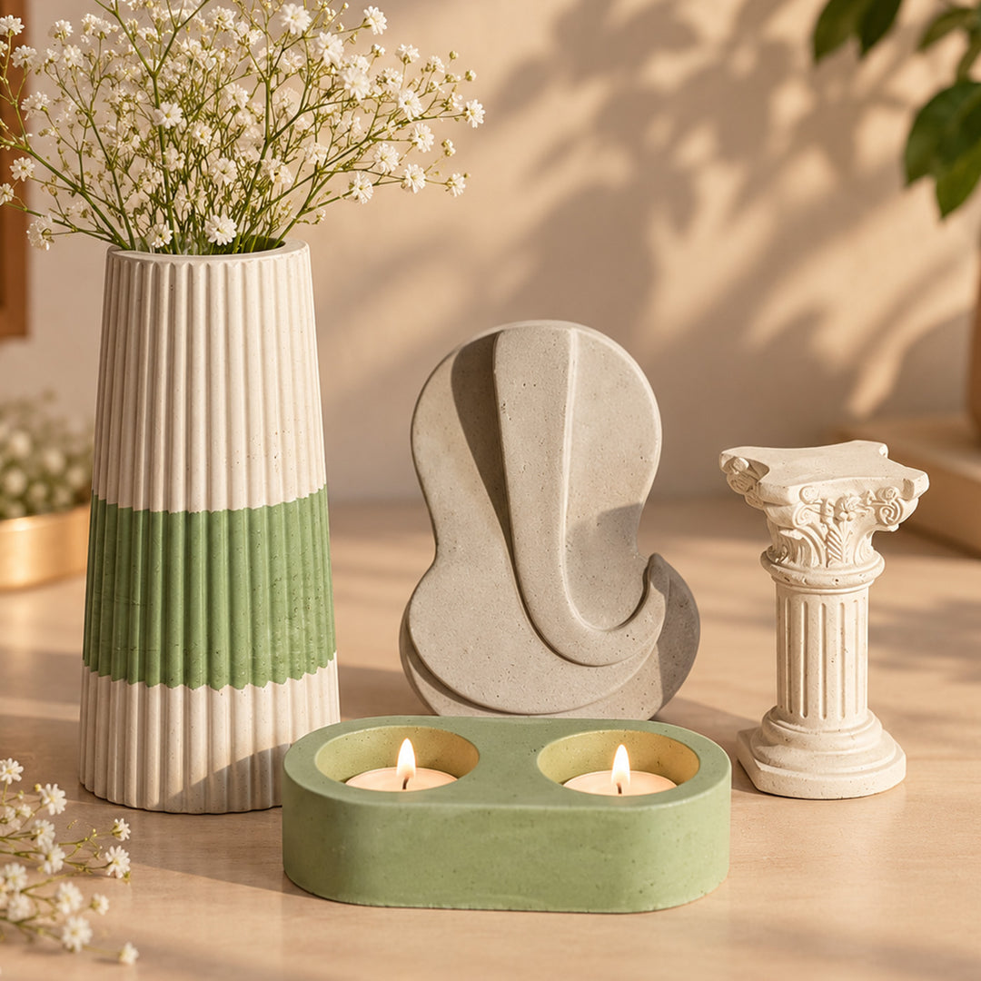 4 Pc | Handmade Concrete Ganesha, Roman Pillar & Vase Gift Hamper