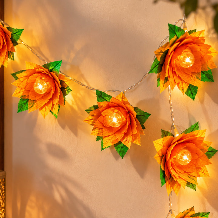 Handmade Phool Jhalar Crepe Paper Flower LED Fairy Light For Festive Decor - Peach & Green