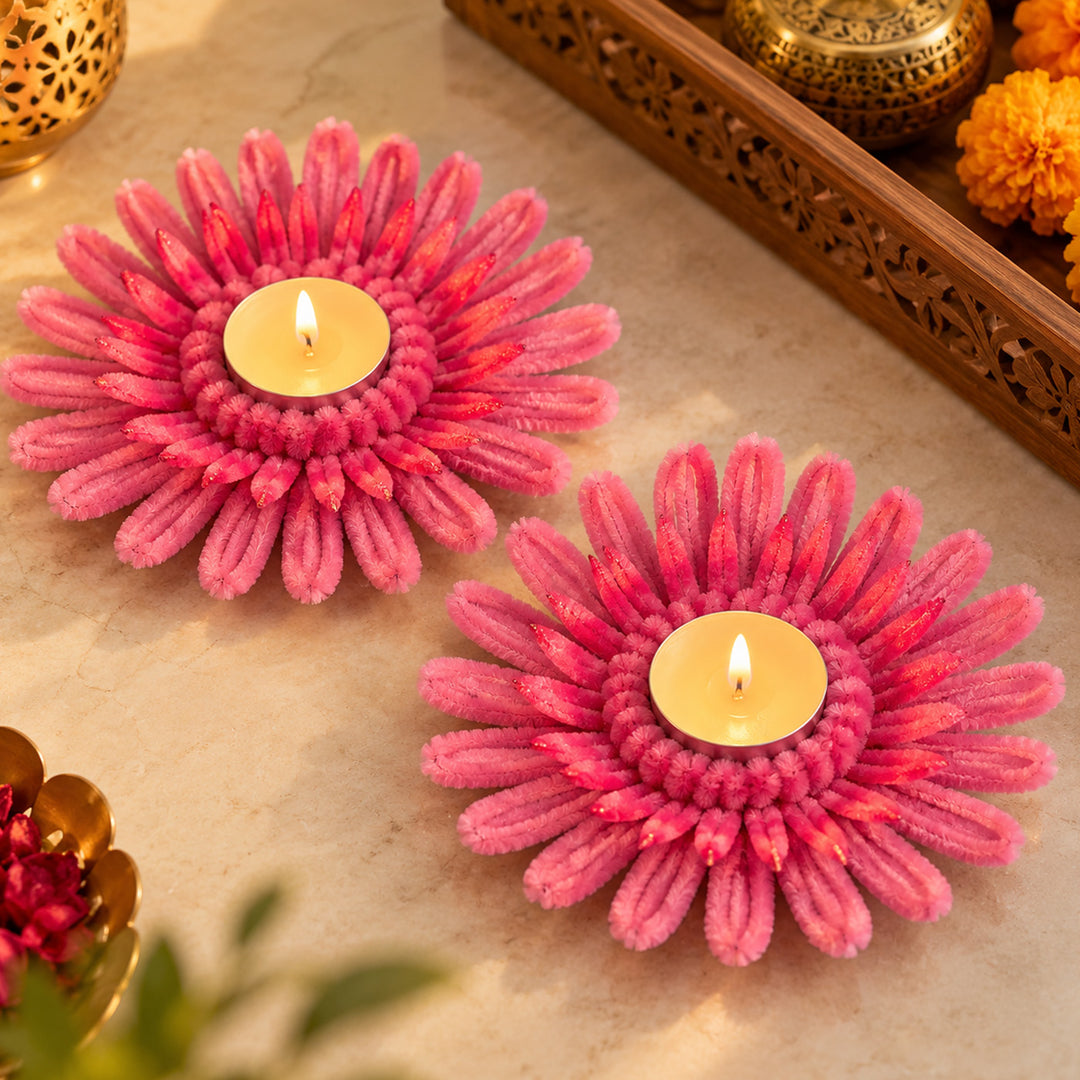 2 Pc | Handmade Daisy Pipe Cleaner & Pearl Flower Tealight Holders