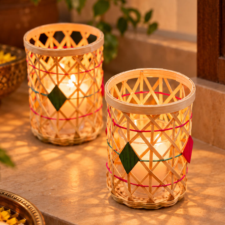 Handwoven Charles Bamboo Cylindrical Tealight Holder with Glass Candle